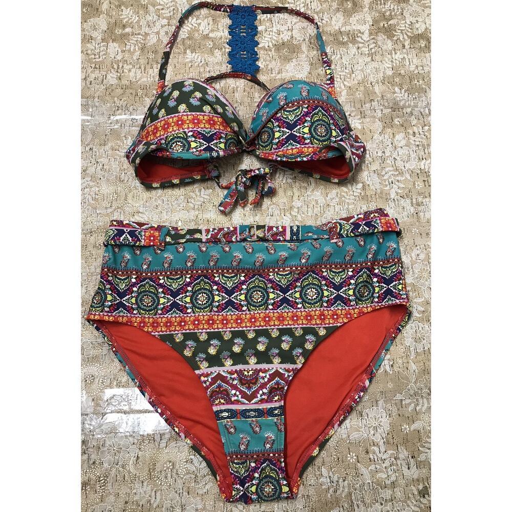 Women's Time And Tru 2PC Bikini M (8-10) Boned Molded Push Up Top Tropical
